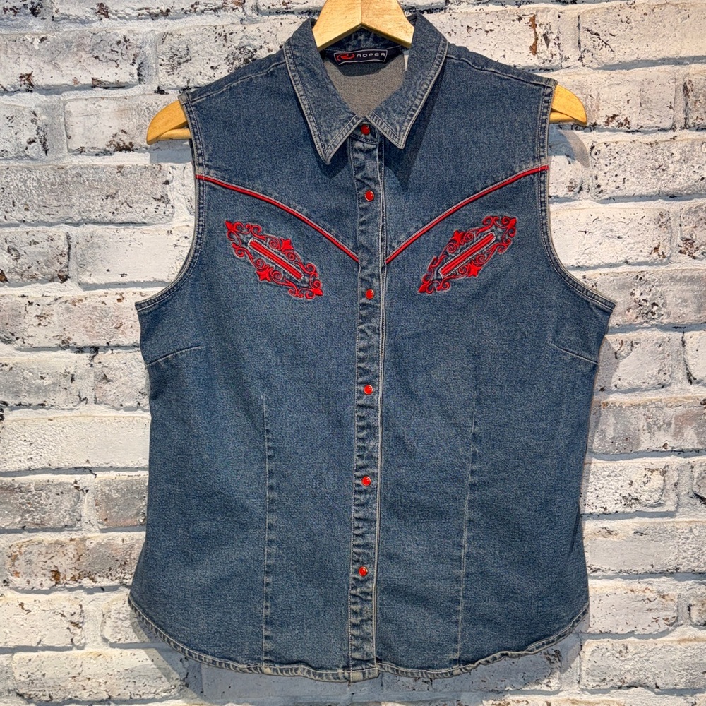 Roper Denim Sleeveless Button-Down Shirt with Red Embroidery